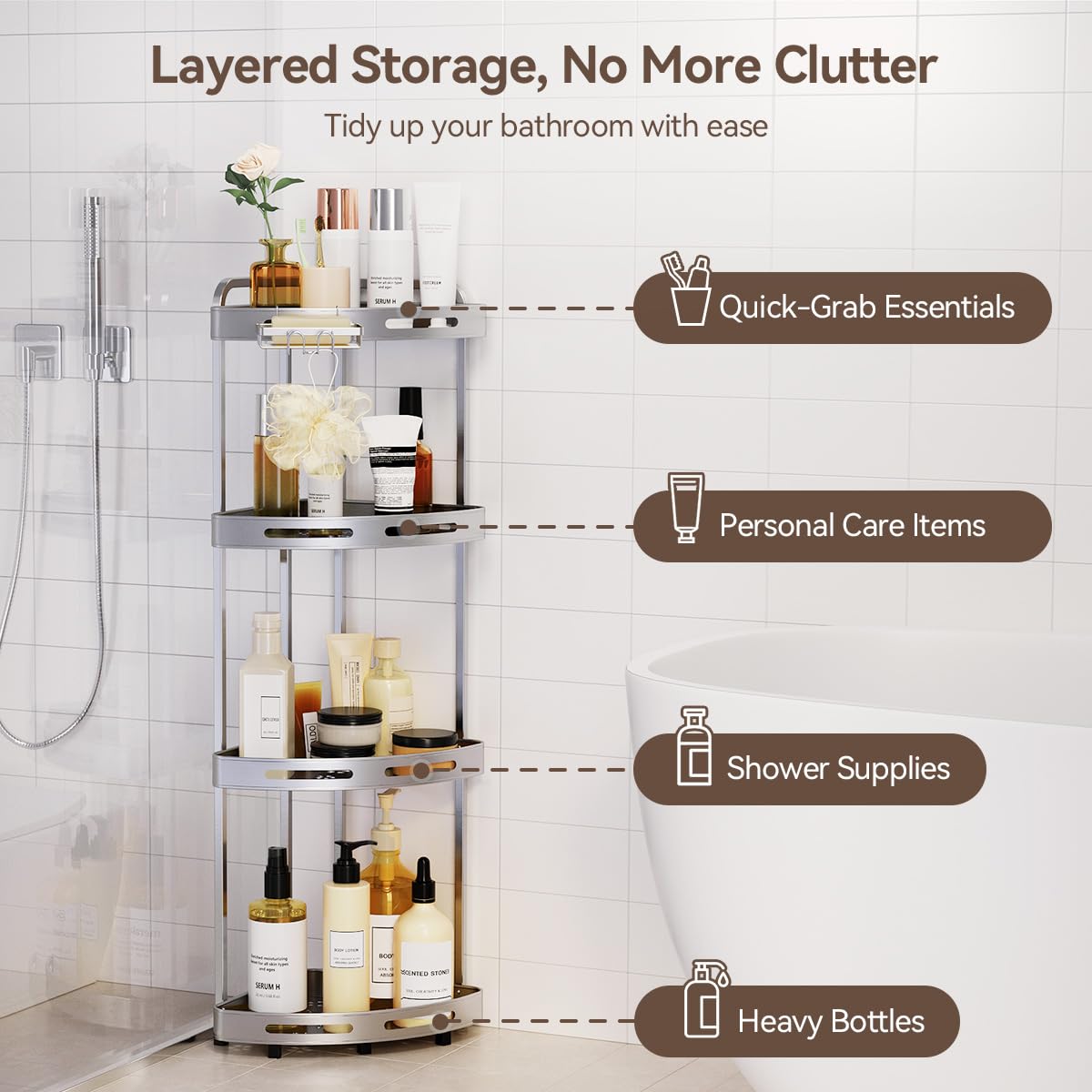 Binecer - Organizador de Ducha de Esquina de 4 Niveles con Soporte para jabón, estantes de Ducha inoxidables para Almacenamiento de champú, Color Plateado