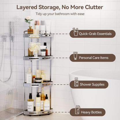 Binecer - Organizador de Ducha de Esquina de 4 Niveles con Soporte para jabón, estantes de Ducha inoxidables para Almacenamiento de champú, Color Plateado