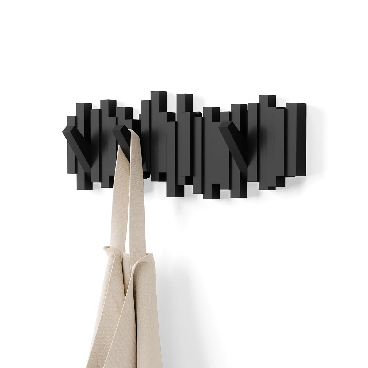 Umbra Sticks perchero de pared con gancho de riel y 5 clavijas retráctiles – Organizador de almacenamiento moderno que ahorra espacio, negro - Negro - 5 ganchos