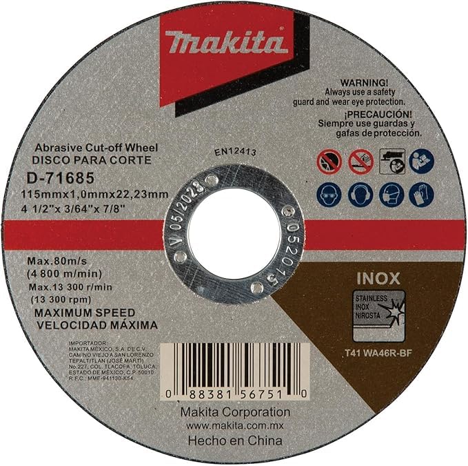 Makita D-71685-50, Disco para corte de acero 4-1/2" inoxidable, Caja con 50 piezas