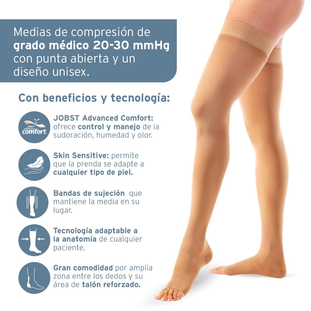 JOBST Relief Medias de compresión, Media 20-30mmHg, Muslo, Talla M | Punta abierta, Color Natural, Compresión de Grado Médico