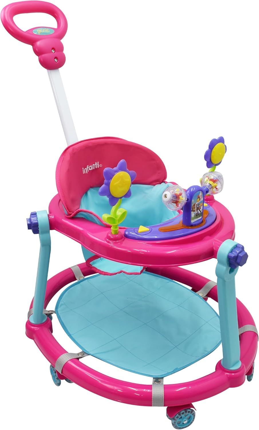Infanti - Andadera para Bebe 3 en 1 PICNIC - Con Paseador y Juguetero Musical - Barra de Empuje - Color Rosa