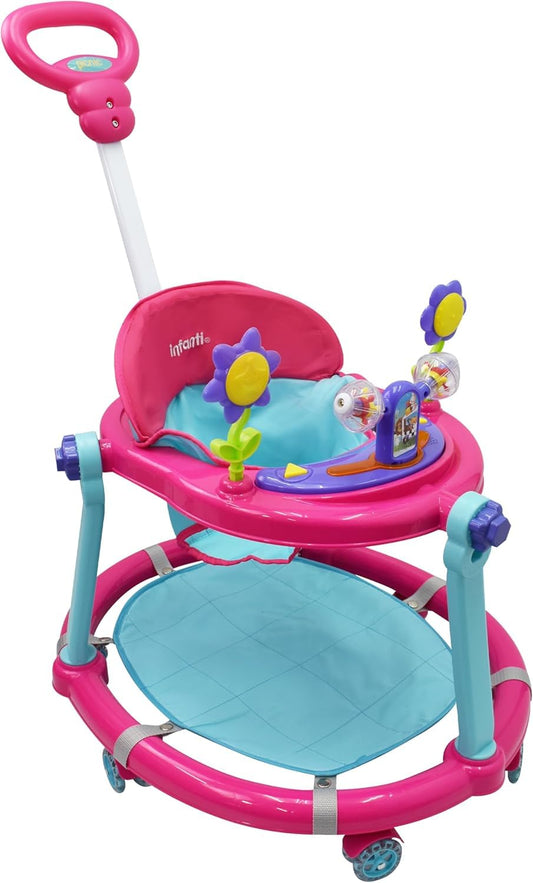 Infanti - Andadera para Bebe 3 en 1 PICNIC - Con Paseador y Juguetero Musical - Barra de Empuje - Color Rosa