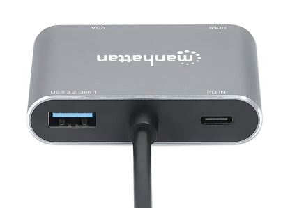 Adaptador USB C a HDMI 4K y VGA, Docking Station 4 en 1 con Puerto USB 3.0 y Carga PD 87W para MacBook Pro, Air, iPad, Laptop y Surface, Doble Salida de Video, Gris Espacial, Manhattan 130691