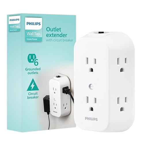 Philips, Multicontacto De Pared De 6 Salidas con Accesos Laterales E Interruptor De Voltaje Reseteable con Conexión A Tierra, Perfecto para Cargar Teléfonos Móviles, Blanco, 1 Unidad, SPS1460WA/37