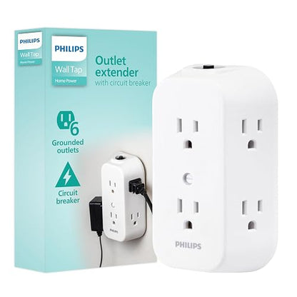 Philips, Multicontacto De Pared De 6 Salidas con Accesos Laterales E Interruptor De Voltaje Reseteable con Conexión A Tierra, Perfecto para Cargar Teléfonos Móviles, Blanco, 1 Unidad, SPS1460WA/37