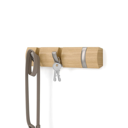 UMBRA - Perchero abatible para colgar en la pared con 3 ganchos – Moderno, ahorro de espacio para sombreros, chaquetas, bolsos, entrada, vestíbulo, clóset, baño, recámara, natural/níquel