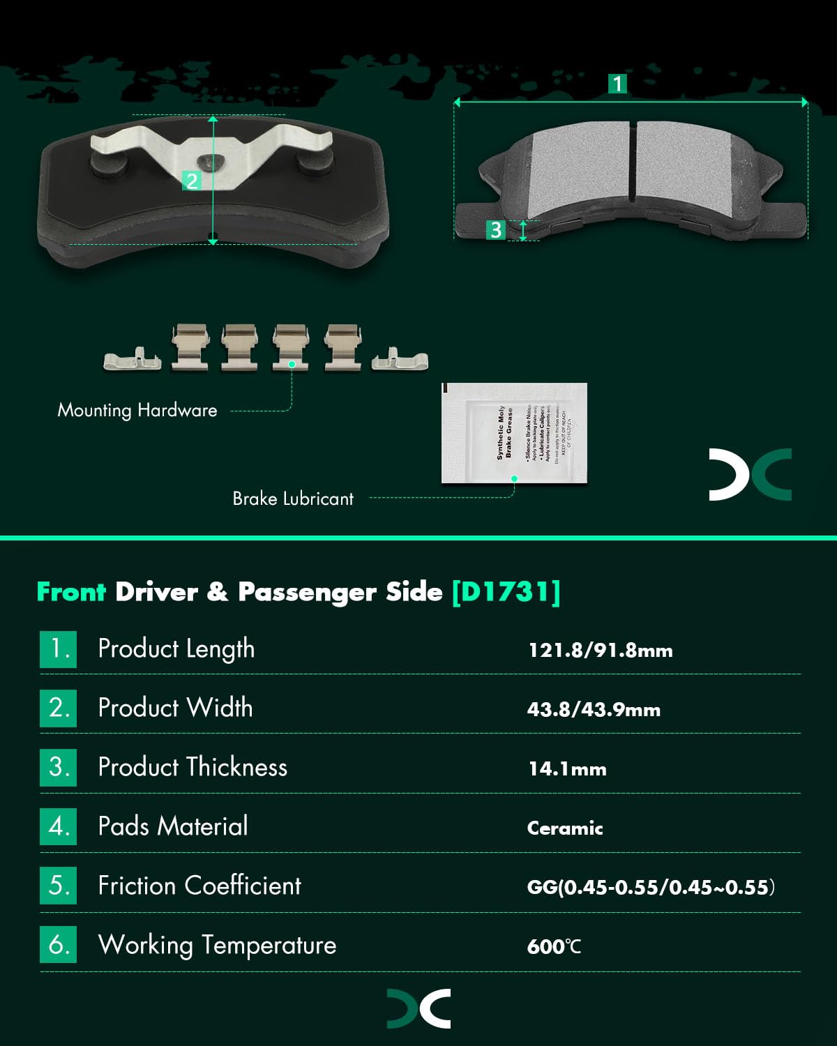 SCITOO D1731 Juego de pastillas de freno de cerámica delantera con herrajes | Repuesto para Dodge For Attitude 2016-2018, para Mitsubishi para Mirage 2014-2022, para Mitsubishi para Mirage G4 2017-2022