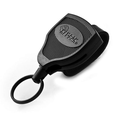 KEY-BAK SUPER48 - Llavero retráctil con Bloqueo, Estuche de policarbonato Duradero, Correa de Piel y Anillo Dividido de Gran tamaño, Color Negro