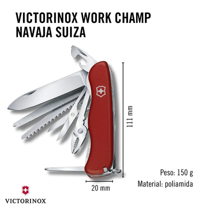 Victorinox Workchamp, Color Rojo, 111 mm, 21 Usos | Herramienta plegable resistente de 4.4 pulgadas con sierra de madera, lima de metal, alicates y tijeras. Escalas de poliamida