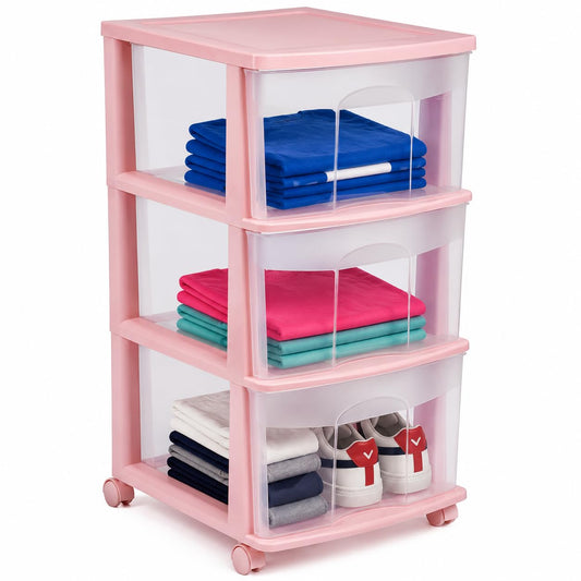 Italhome Cajonera FOX 3 de Plástico con Ruedas 3 Cajones Transparentes, Organizador Multiusos Móvil para Hogar y Oficina, Mueble Ligero Resistente, Color Rosa