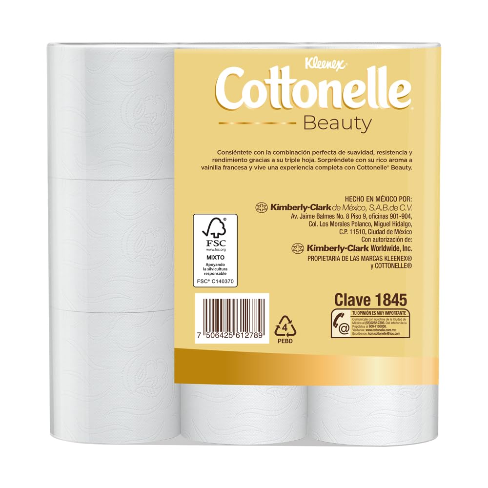 Kleenex Cottonelle Beauty, Papel Higiénico, Paquete con 18 Rollos de 180 Hojas Triples C/U.