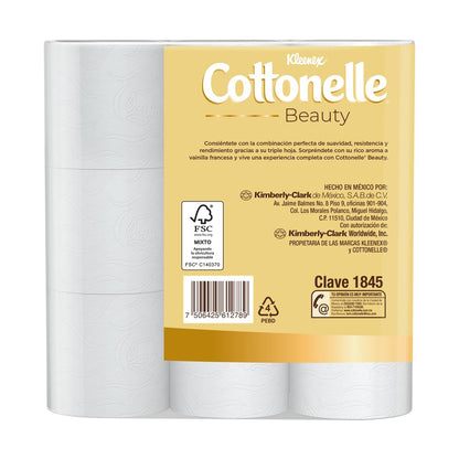 Kleenex Cottonelle Beauty, Papel Higiénico, Paquete con 18 Rollos de 180 Hojas Triples C/U.
