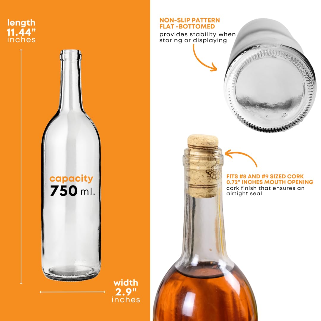 FastRack - Botellas de vino transparentes de 750 ml (paquete de 12) con corcho natural número 8 y mangas retráctiles negro mate, botellas de licor de color burdeos W5/parte superior de corcho de fondo