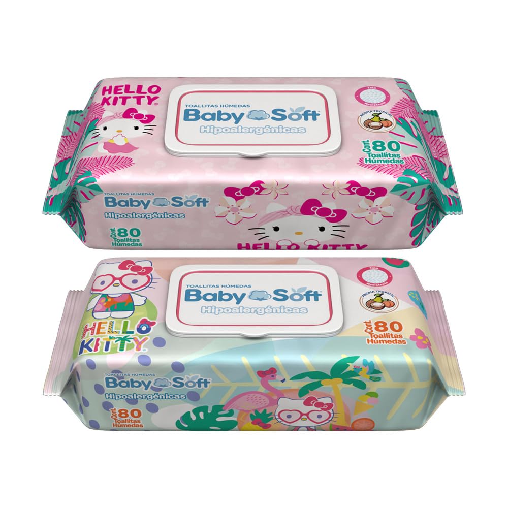 Toallitas Húmedas Baby Soft, Aroma Lavanda/Aroma Tropical, Hello Kitty and Friends, Caja con 1,440 piezas (18 Paquetes con 80 Toallitas c/u)
