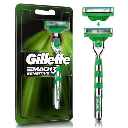 GILLETTE Mach3 Sensitive, Rastrillo para Afeitar Reutilizable, 1 Mango + 2 Cartuchos con 3 Hojas para Rasurar, Rastrillo para Hombre con Piel Sensible
