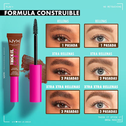 NYX Thick It Stick It Máscara de Cejas, Define y Rellena, Tono Black, 7 ml | Textura en gel ligera y resistente al agua, fórmula vegana, cobertura modulable con acabado natural que dura hasta 16 horas
