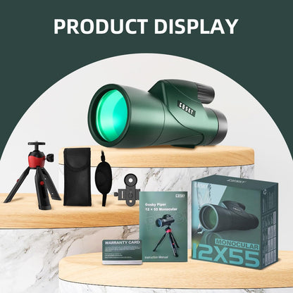 Gosky 12x55 High Definition Monocular Telescope and Quick Smartphone Holder - 2018 Newest Waterproof Monocular -BAK4 Prism for Wildlife Bird Watching Hunting Camping Travelling Wildlife Secenery