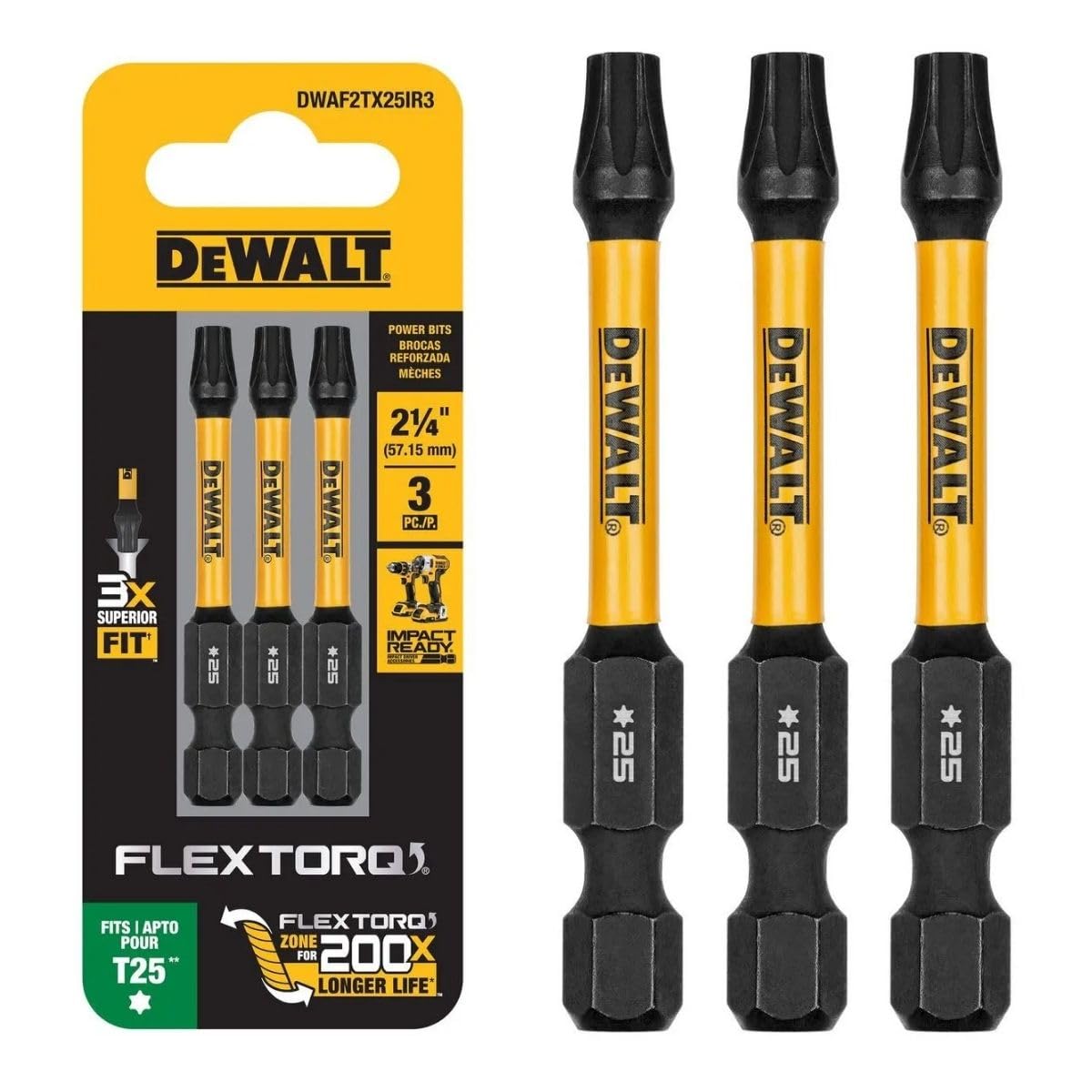 DEWALT FLEXTORQ - Brocas Torx T25, 3 unidades, 1/4 x 2-1/4 pulgadas para destornilladores de impacto y taladros, vástago hexagonal (DWAF2TX25IR3)