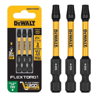 DEWALT FLEXTORQ - Brocas Torx T25, 3 unidades, 1/4 x 2-1/4 pulgadas para destornilladores de impacto y taladros, vástago hexagonal (DWAF2TX25IR3)