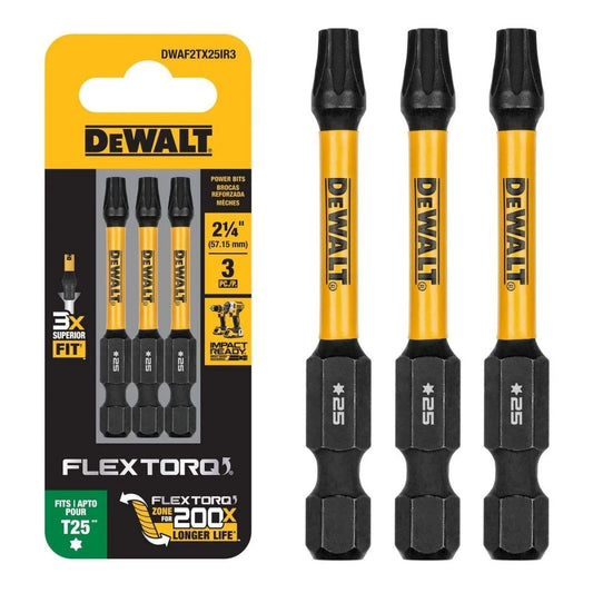 DEWALT FLEXTORQ - Brocas Torx T25, 3 unidades, 1/4 x 2-1/4 pulgadas para destornilladores de impacto y taladros, vástago hexagonal (DWAF2TX25IR3)