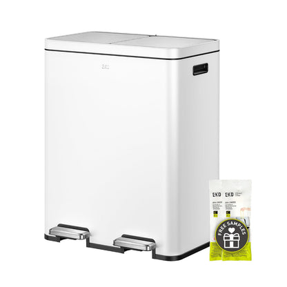 EKO Edison - Bote de basura doble de 8 + 8 galones para reciclaje y basura, bote de cocina de acero inoxidable con doble cubeta interior extraíble, tapas y pedales independientes, color blanco