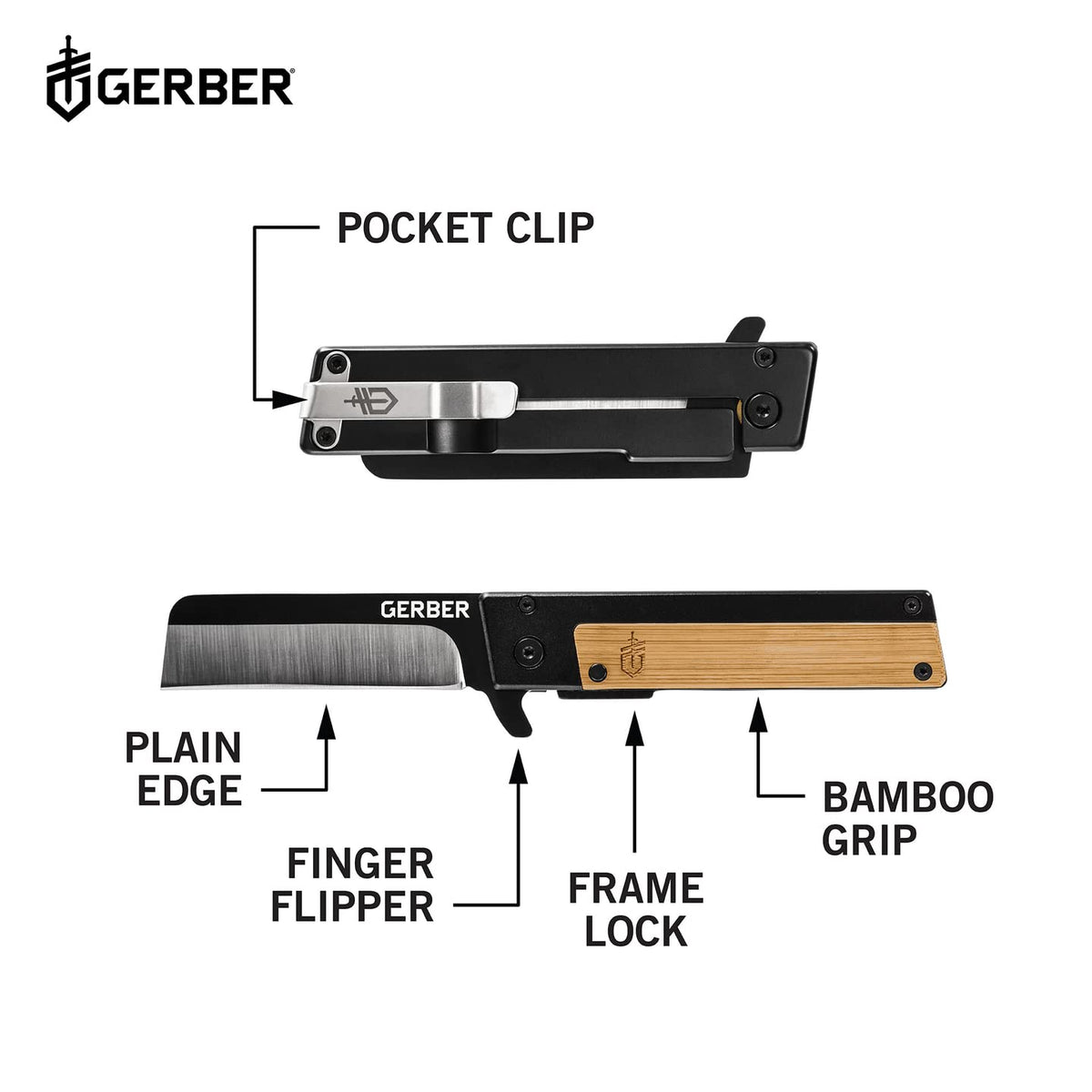 Gerber Quadrant Cuchillo de aleta de filo recto, con clip de bolsillo | Hoja de acero inoxidable, mango de bambú, clip de bolsillo, apertura abierta, transporte diario, cuchillo de supervivencia