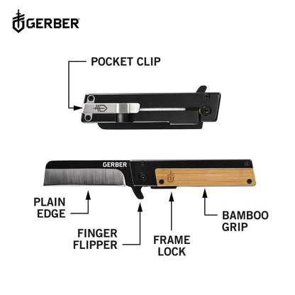 Gerber Quadrant Cuchillo de aleta de filo recto, con clip de bolsillo | Hoja de acero inoxidable, mango de bambú, clip de bolsillo, apertura abierta, transporte diario, cuchillo de supervivencia