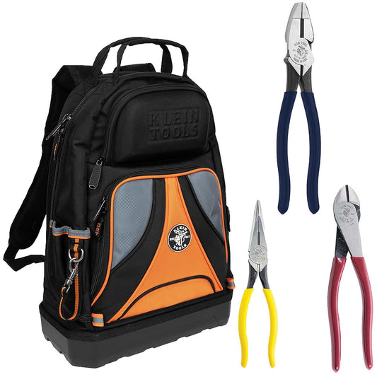 Klein Tools 80120 - Kit de mochila y alicates con mochila, nariz larga, corte diagonal y alicates de corte lateral, 4 piezas