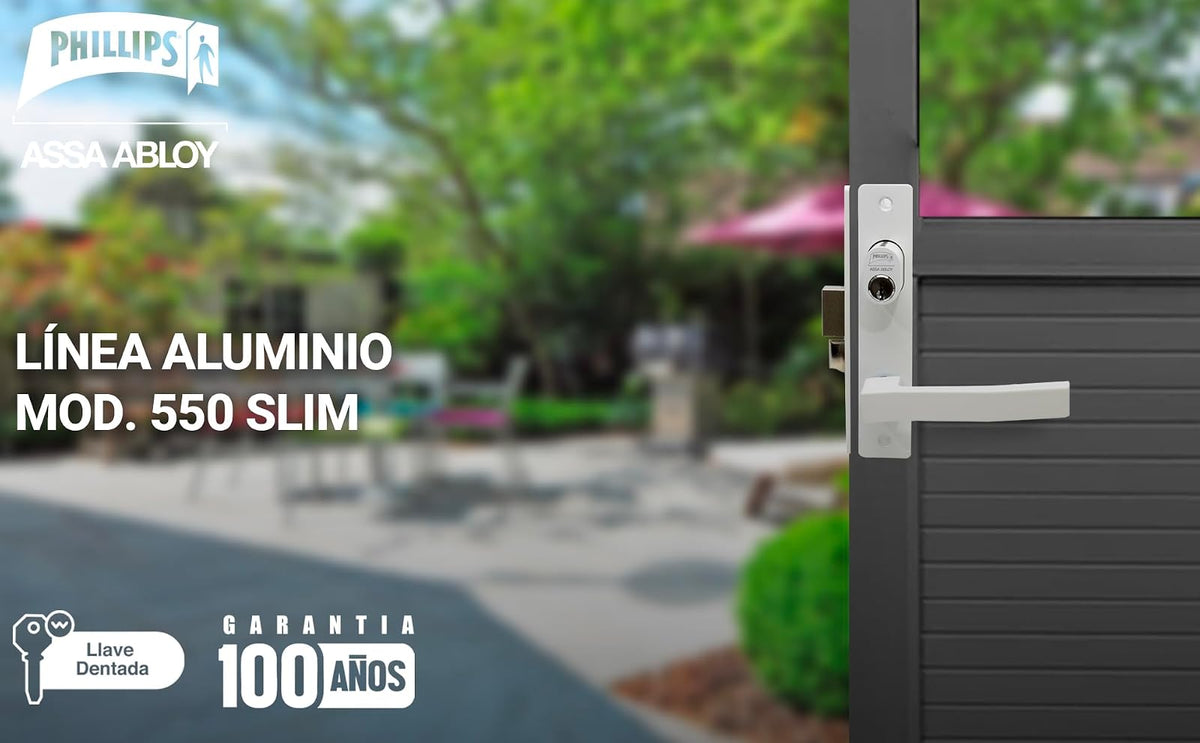 Phillips Cerradura Modelo Slim 550 Manija Cuadrada Para Puerta De Aluminio Blanco