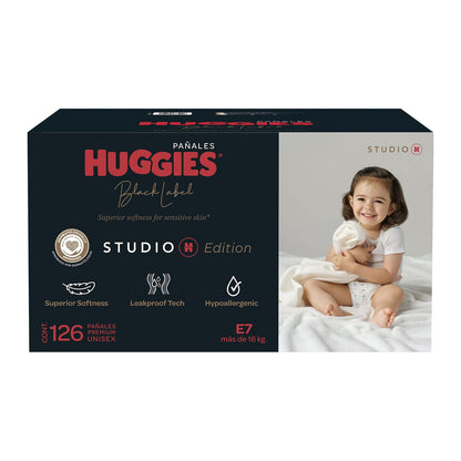Huggies Black Label Studio H, 126 Pañales Premium Unisex Hopoalergénicos Etapa 7 (para bebés de más de 16 Kg)