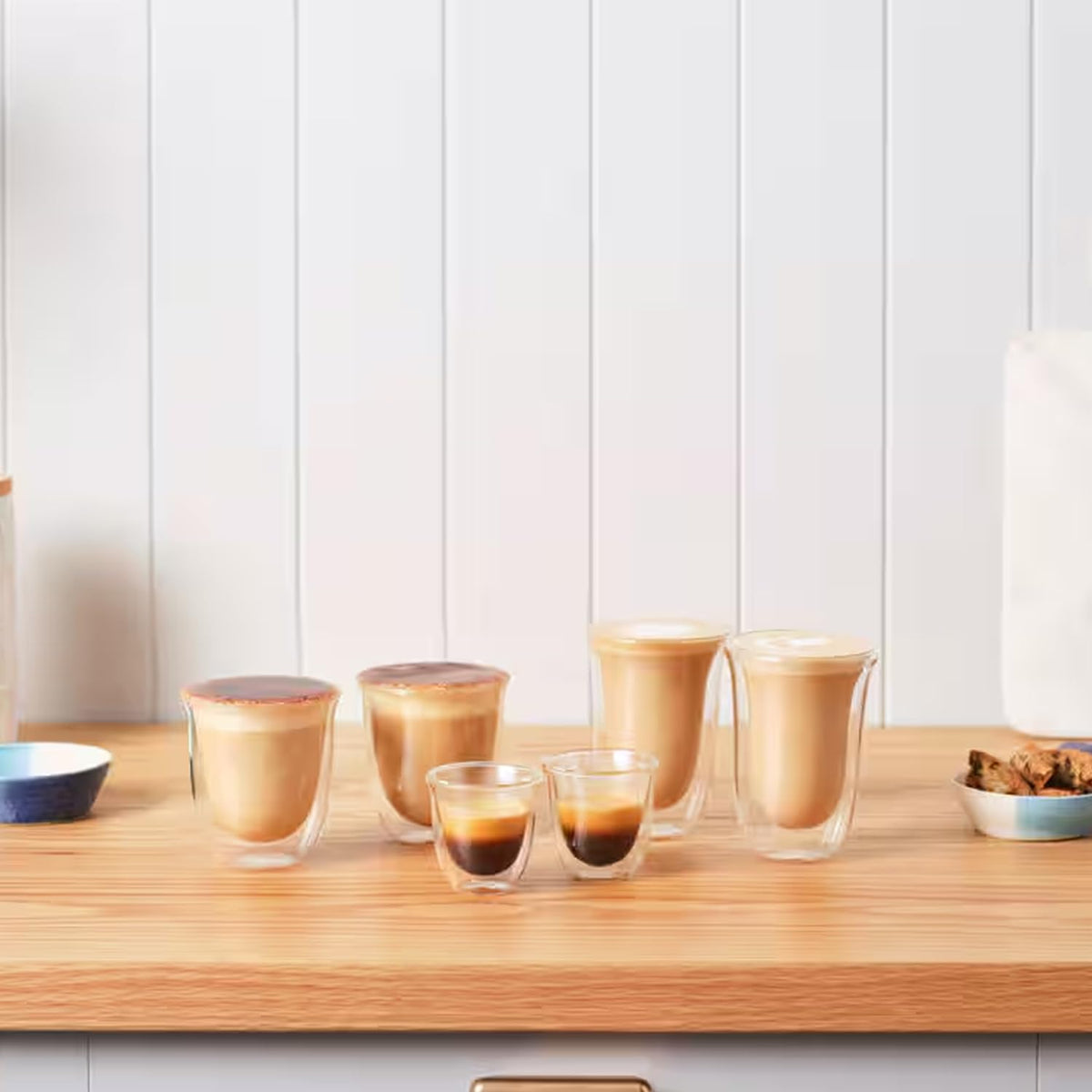 De'Longhi Fancy Collection - Juego de 6 vasos de café expreso con doble pared, diseño de capuchino y latte, transparente