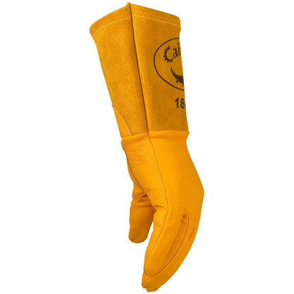 Caiman - Guantes de soldadura MIG de piel de cabra de grano superior, costuras de Kevlar DuPont, sin forro, puño de guantelete de 4 pulgadas, dorado, L (1869-5)