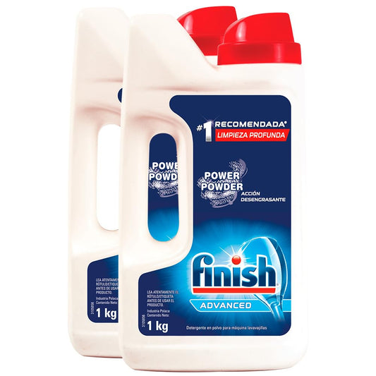 Finish® Power Powder, Detergente para lavavajillas en polvo, Paquete de 2, 1Kg c/u