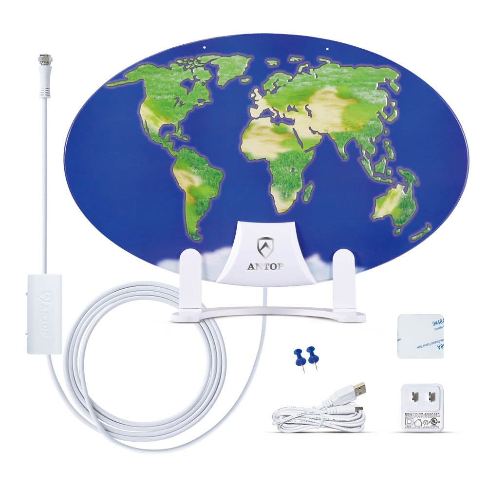 ANTOP World Map Mini AT-121B Antena HDTV para Interiores | Smartpass Amplificado - 61 cm por 152 cm - Blanco crudo