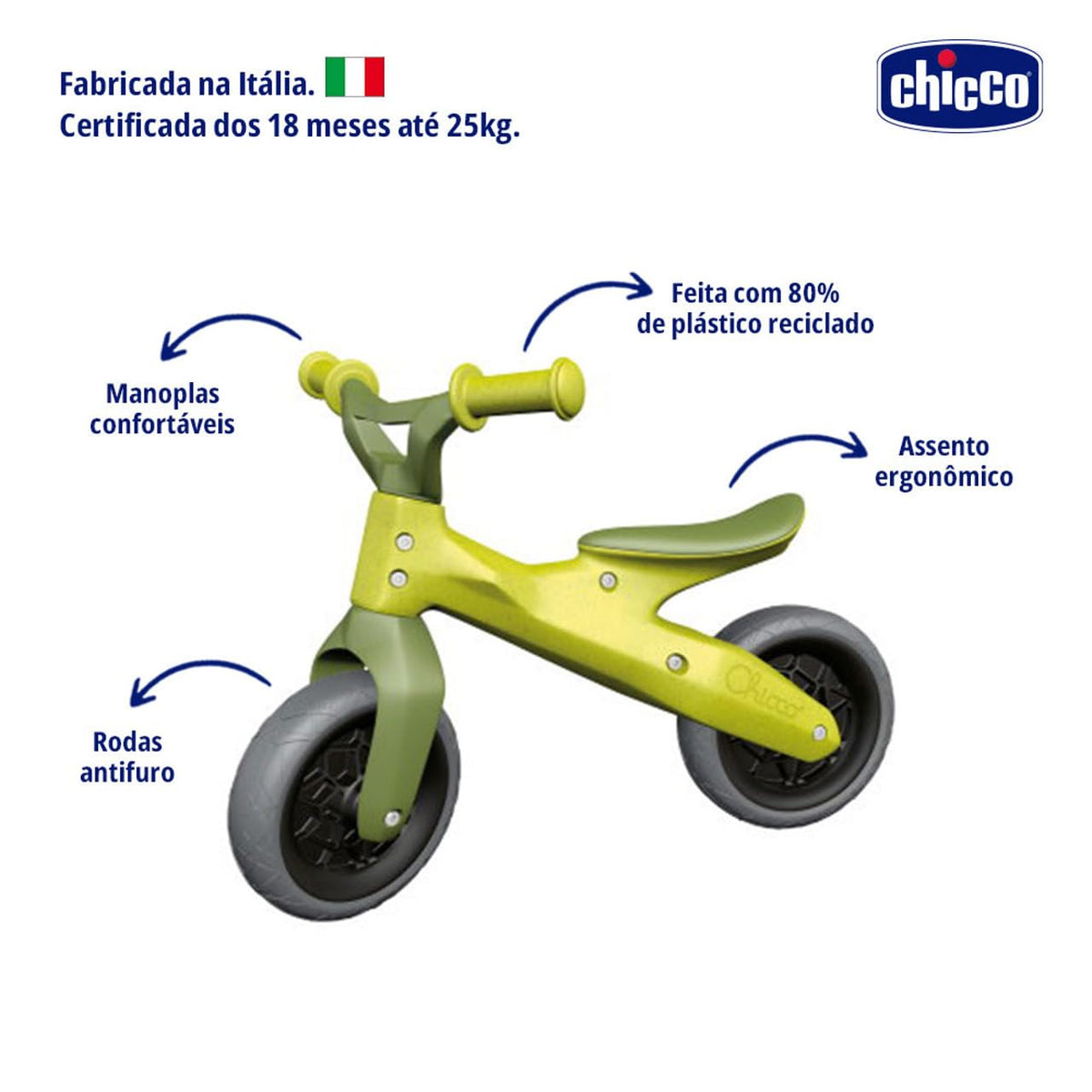 Chicco Balance Bike Eco+, Bicicleta Infantil de 18 Meses a 3 años, hasta 25 kg, Bicicleta sin Pedales para el Equilibrio, Manillar y sillín ergonómicos, Ruedas antipinchazos, 80% plástico Reciclado