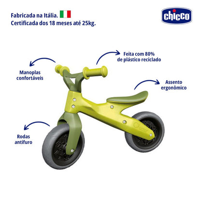 Chicco Balance Bike Eco+, Bicicleta Infantil de 18 Meses a 3 años, hasta 25 kg, Bicicleta sin Pedales para el Equilibrio, Manillar y sillín ergonómicos, Ruedas antipinchazos, 80% plástico Reciclado