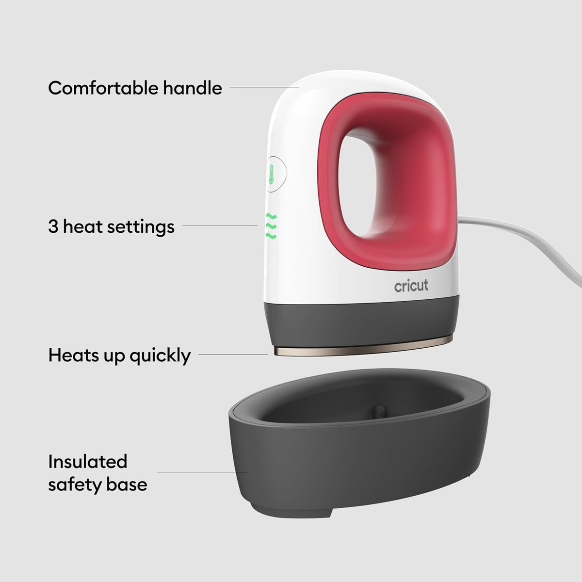 Cricut EasyPress Mini Prensa de Calor - Para Presionar Objetos Pequeños Como Zapatos, Animales de Peluche, Sombreros y Más - 3 Ajustes de Calor y Punta de Precisión - Placa de Calor Revestida de