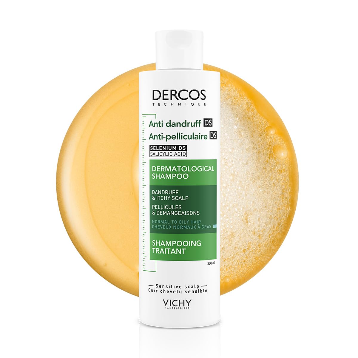 Vichy Dercos Shampoo Dermatológico Anti-Caspa Cabello Normal a Graso 200ml | Elimina 100% de Caspa Visible y su Reaparición, Reduce Comezón desde 1er Uso, con Ácido Salicílico y Selenio DS