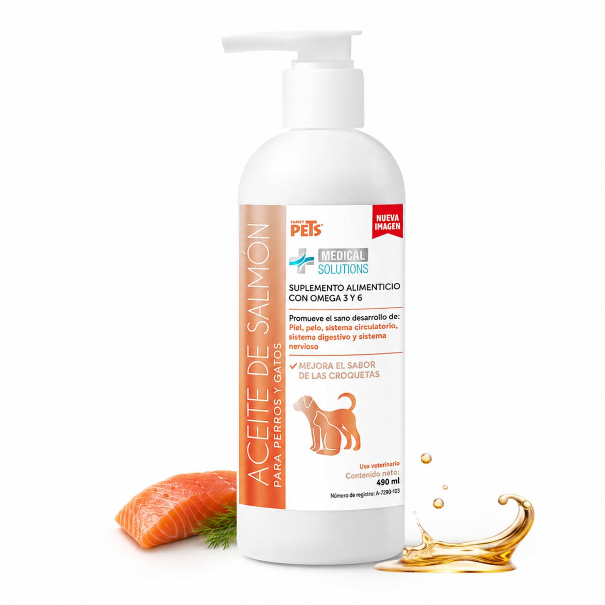 Fancy Pets Aceite de Salmon para Perros y Gatos Medical Solutions con 490ml | Omega 3 con DHA y EPA | Suplemento para Piel Sana, Pelaje Brillante y Sistema Inmune Fuerte