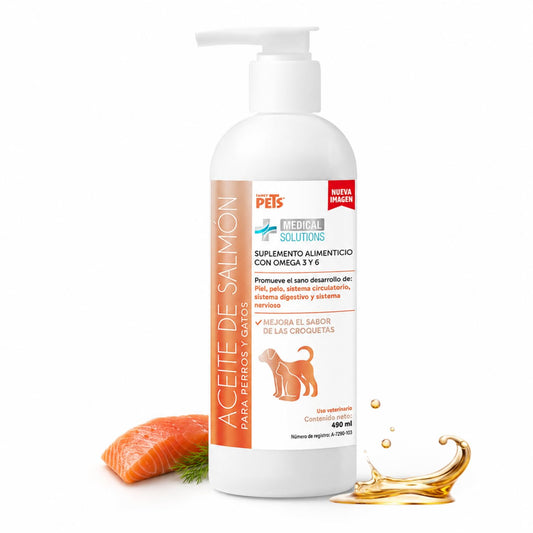 Fancy Pets Aceite de Salmon para Perros y Gatos Medical Solutions con 490ml | Omega 3 con DHA y EPA | Suplemento para Piel Sana, Pelaje Brillante y Sistema Inmune Fuerte