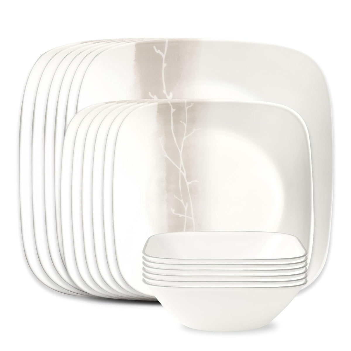 Corelle Vitrelle - Juego de vajilla de vidrio de 18 piezas, plato cuadrado rectangular y tazón de servicio para 6, juegos de platos y cuencos de vidrio resistentes a las virutas y grietas de triple