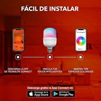 Tecnolite Connect - Foco Inteligente Luz LED RGB Atenuable 20 W, Control App Connect, Compatible con Alexa, WiFi y Bluetooth, Casa Inteligente, Ahorro de Energía, Iluminación Interior y Exterior