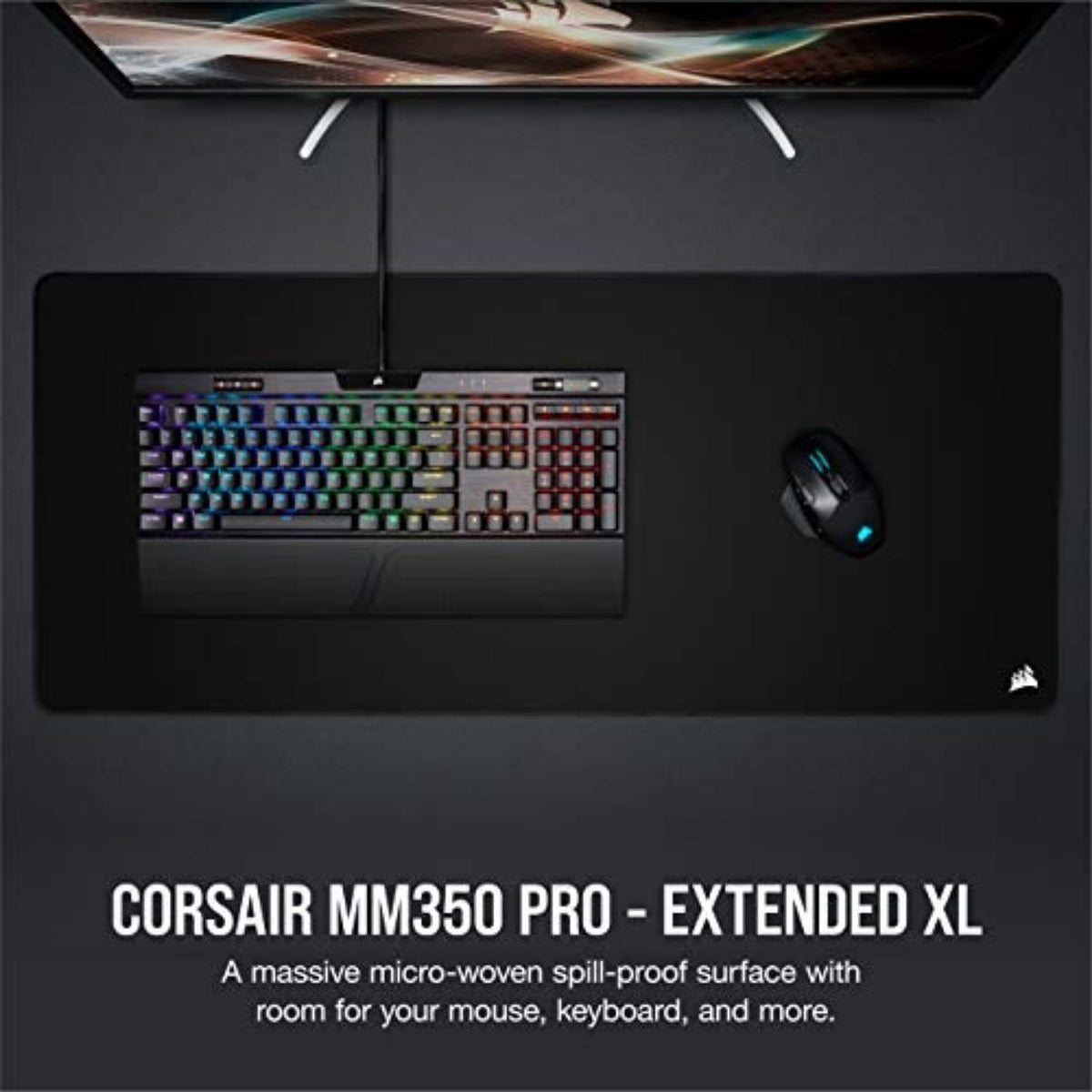 Corsair MM350 Pro Alfombrilla Tela a Prueba de Derrames para Juegos, Superficie 93 cm x 40 cm, Microtejido, Goma Afelpada Gruesa 4 mm, Base Goma Texturizada Antideslizante, Extendido XL – Negro