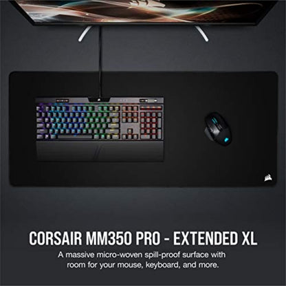 Corsair MM350 Pro Alfombrilla Tela a Prueba de Derrames para Juegos, Superficie 93 cm x 40 cm, Microtejido, Goma Afelpada Gruesa 4 mm, Base Goma Texturizada Antideslizante, Extendido XL – Negro