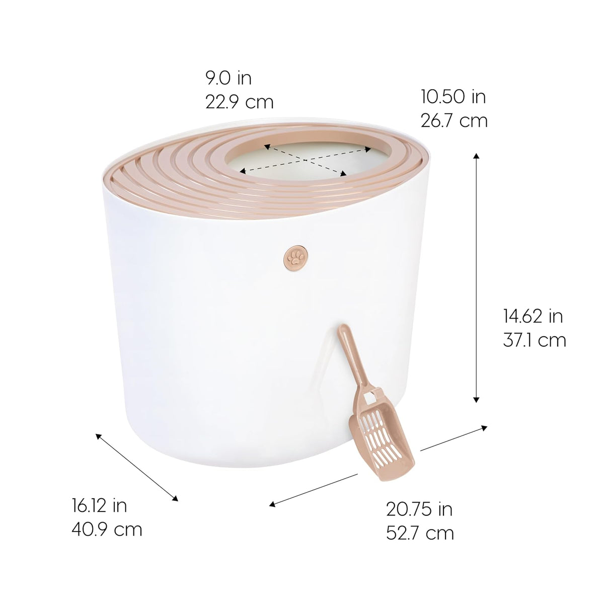 IRIS USA Gran arenero para Gatos con Entrada Superior y Pala, Elegante Caja Redonda para Gatos, arenero para Gatitos, Blanco/Beige