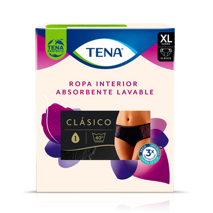 TENA Lady Ropa Interior Absorbente Lavable; Corte Bajo; Color Negro; Talla XL; 1 Pieza