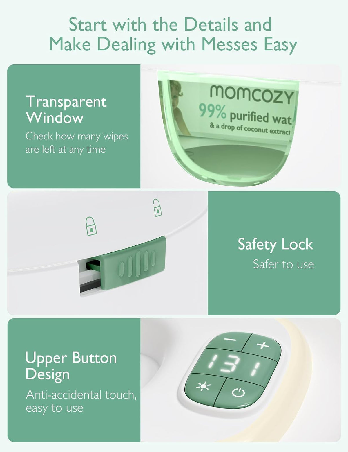 Momcozy - Calentador de Toallitas Mejorado, Doble Sellado para un Dispensador de Toallitas de Máxima Humedad, Innovador Diseño de Resorte, Compatible con 60-80 Toallitas, Calentador de Pañales con luz