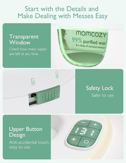 Momcozy - Calentador de Toallitas Mejorado, Doble Sellado para un Dispensador de Toallitas de Máxima Humedad, Innovador Diseño de Resorte, Compatible con 60-80 Toallitas, Calentador de Pañales con luz