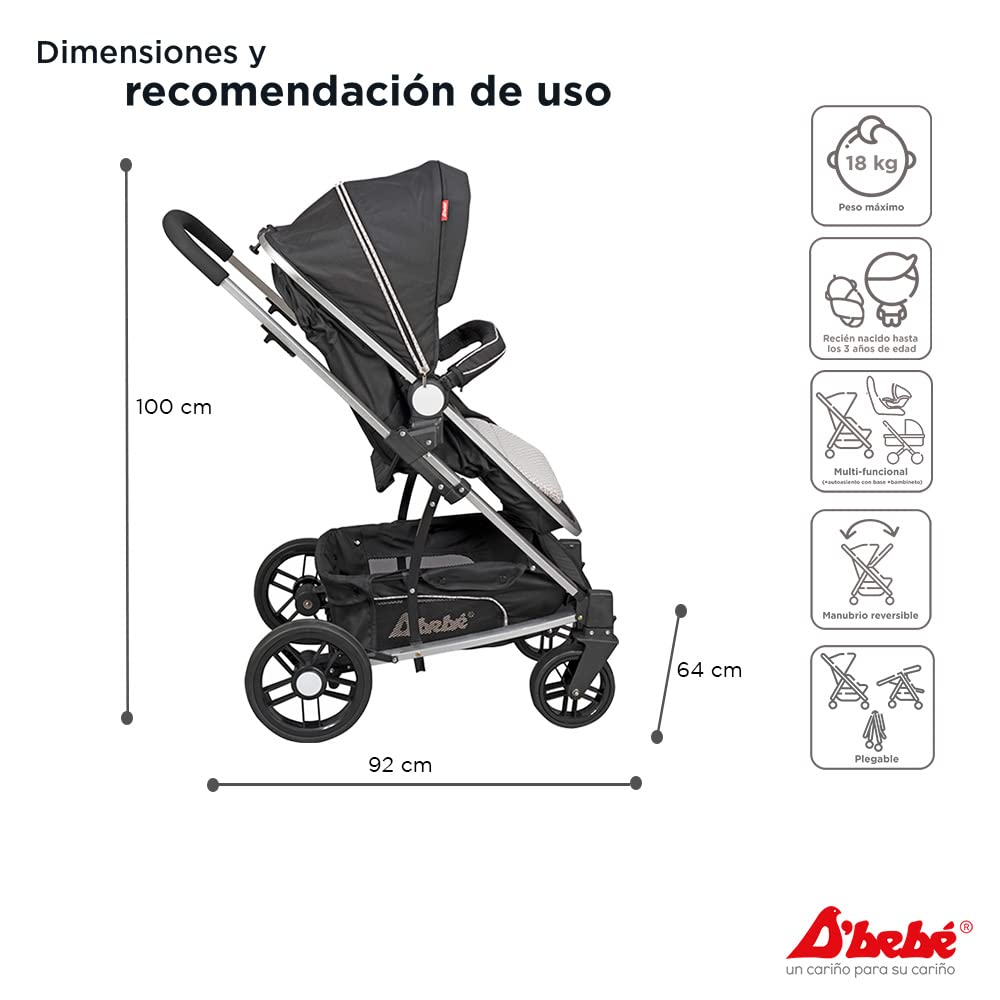 D´BEBÉ - Carriola Travel System Crown - Carriola Multifuncional - Ideal para Bebés Recién Nacidos y hasta los 4 años - Incluye Bambinieto y Autoasiento - Color Negro